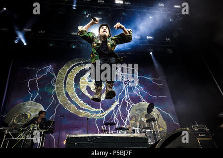 Denmark, Copenhagen - June 22, 2018. The Japanese metal band Crossfaith performs a live concert during the Danish heavy metal festival Copenhell 2018 in Copenhagen. Here vocalist Kenta Koie is seen live on stage. (Photo credit: Gonzales Photo - Peter Troest). Stock Photo