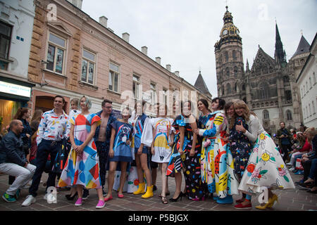 Fashion show in the historic centre of Kosice as a part of the film festival Art Film Fest. In the background St Elisabeth Cathedral Stock Photo