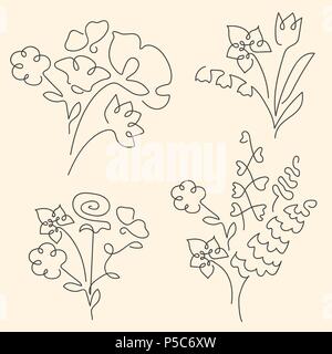 Bouquet set made of continuous lines flowers Stock Vector