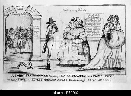 N/A. English: A lobby flesh-monger treating with a saleswoman for a prime piece, or buying fruit at Covent Garden market for an evening's entertainment . 1790s. W Dent 387 Covent garden flesh monger Stock Photo