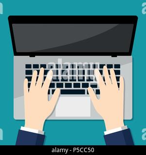 Businessman Hand on laptop, hands typing on notebook keyboard-Flat Vector Illustration. Stock Vector