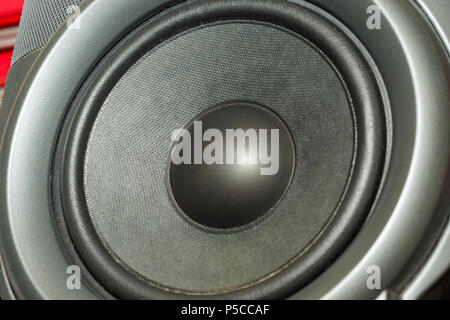 speaker music Detail shot of some old round speakers. Stock Photo