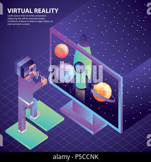 man using vr goggles screen rocket planets space illustration, vector, Stock Vector