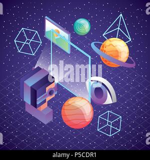 man using vr goggles screen planet 3d figures and screen illustration, vector, Stock Vector