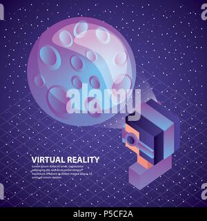 gamer using virtual reality glasses watching moon illustration, vector, Stock Vector