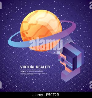gamer using virtual reality glasses watching planet saturn illustration, vector, Stock Vector