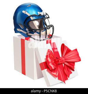 Gift concept, American football helmet inside gift box. 3D rendering Stock Photo