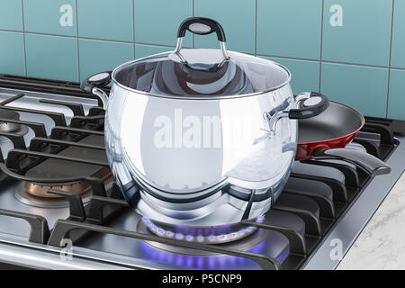 Stainless steel stock pot with glass cover on the steel gas cooker in kitchen interior. 3D rendering Stock Photo