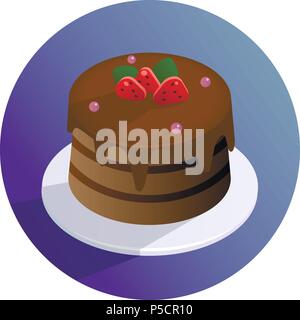 Vector chocolate cake with strawberries on a plate Stock Vector