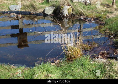 fence reflected in a pond, Elan Valley, Powys, Mid Wales, UK Stock Photo