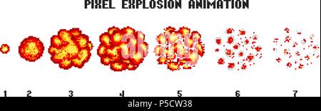 Pixel art explosions. game icons set. Comic boom flame effects for emotion. 8-Bit Vector. Bang burst explode flash nuclear bubble dynamite with smoke. Animation frame. Process steps, Video fire. Stock Vector