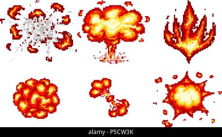 Pixel art explosions. game icons set. Comic boom flame effects for emotion. 8-Bit Vector. Bang burst explode flash nuclear bubble dynamite with smoke. Animation frame. Process steps, Video fire. Stock Vector