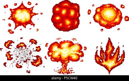 Pixel art explosions. game icons set. Comic boom flame effects for emotion. 8-Bit Vector. Bang burst explode flash nuclear bubble dynamite with smoke. Animation frame. Process steps, Video fire. Stock Vector