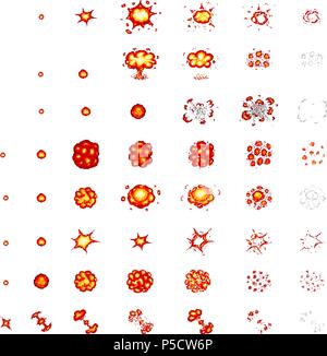 Pixel art explosions. game icons set. Comic boom flame effects for emotion. 8-Bit Vector. Bang burst explode flash nuclear bubble dynamite with smoke. Animation frame. Process steps, Video fire. Stock Vector
