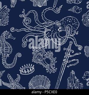 Nautical seamless pattern white on blue: octopus, shell, starfish, drowned sword, crown, crystals, sea horse. Hand drawn vintage tattoo engraving style vector illustration. Nature, fantasy, kids. Stock Vector