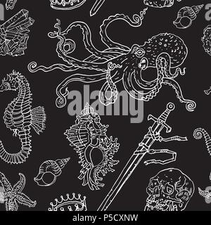 Nautical seamless pattern black: octopus, shell, starfish, drowned sword, crown, skull, crystal, sea horse. Hand drawn vintage tattoo engraving style illustration. Underwater, fantasy, boho, gothic. Stock Vector