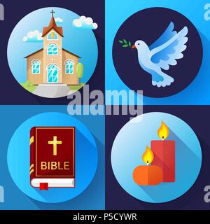 Religion Icons set vector color Flat Design Vector Illustration. Blue dove, old church, candles and bible book Stock Vector