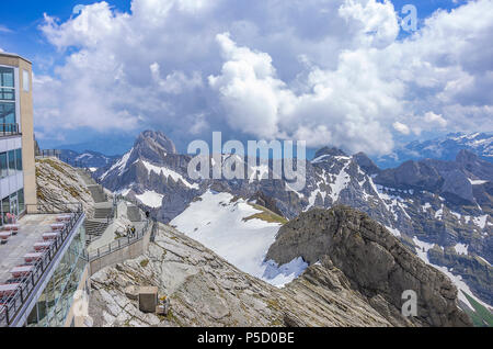 On the peak of Säntis Mountain, Appenzell Alps, Switzerland - view from the observation deck on the summit over the surrounding landscape. Stock Photo