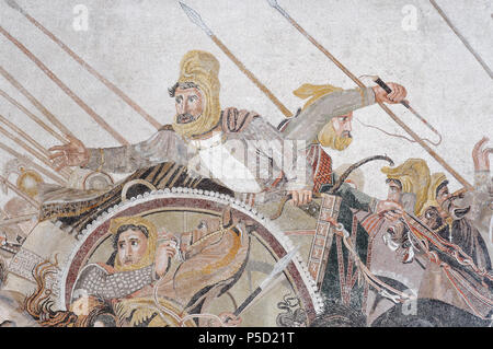 English: So-called Alexander Mosaic Italiano: Cosidetta Mosaico di Alessandro .  English: Darius III retreating, detail of a representation of the battle of Issos. Floor mosaic, Roman copy after a Hellenistic original by Philoxenos of Eretria. Français : Retraite de Darius III, détail d'une représentation de la bataille d'Issos. Mosaïque de pavement romaine. Mosaïque de sol, copie romaine d'après un original hellénistique de Philoxénos d'Érétrie. Italiano: Battaglia di Isso tra Alessandro Magno e Dario III di Persia. Mosaico pavimentale il cui prototipo Plinio il Vecchio ascrive al pittore Phi Stock Photo