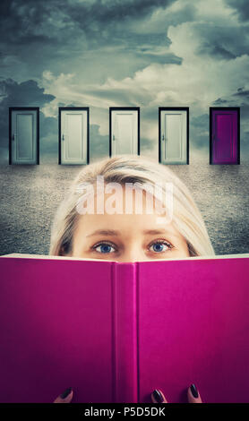 Young woman holding a purple book, in front of many doors choosing a different one to open. Reading is the key success. Difficult decision, important  Stock Photo