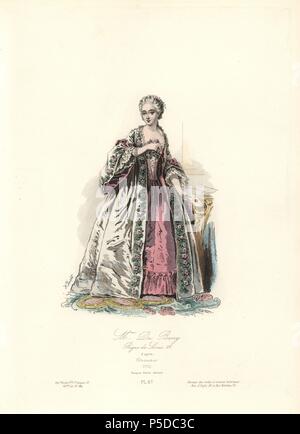 Madame du Barry (1743-1789), reign to Louis XV, 1770. Jeanne Becu was mistress to Louis XV and a victim of the Reign of Terror. Handcoloured steel engraving by Hippolyte Pauquet after Francois-Hubert Drouais from the Pauquet Brothers' 'Modes et Costumes Historiques' (Historical Fashions and Costumes), Paris, 1865. Hippolyte (b. 1797) and Polydor Pauquet (b. 1799) ran a successful publishing house in Paris in the 19th century, specializing in illustrated books on costume, birds, butterflies, anatomy and natural history. Stock Photo