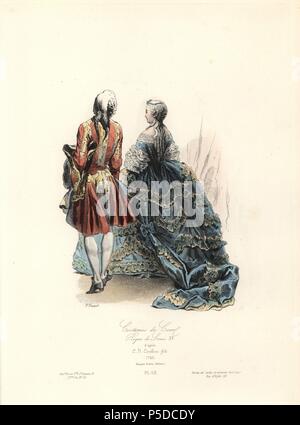 Court costumes, reign of Louis XV, 1745. Handcoloured steel engraving by Polidor Pauquet after Charles-Nicolas Cochin le fils (1715-1790) from the Pauquet Brothers' 'Modes et Costumes Historiques' (Historical Fashions and Costumes), Paris, 1865. Hippolyte (b. 1797) and Polydor Pauquet (b. 1799) ran a successful publishing house in Paris in the 19th century, specializing in illustrated books on costume, birds, butterflies, anatomy and natural history. Stock Photo