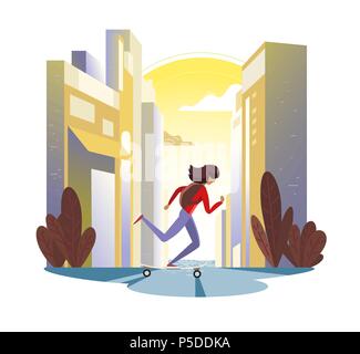 Girl riding longboard in the city at sunset. Vector illustration Stock Vector