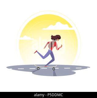 Girl riding longboard at sunset. Vector illustration Stock Vector