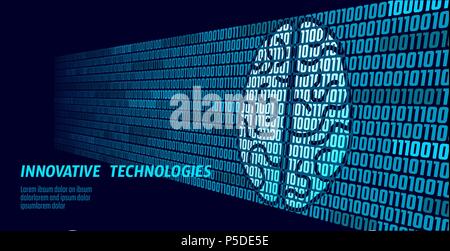 Active human brain artificial intelligence next level man menthal abilities. Big data binary numbers code.Technology augmented reality blue glowing. Symbol of wisdom vector illustration art Stock Vector
