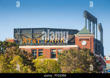 Historic AT&T Park baseball park, home of the San Francisco Giants professional baseball franchise, on a beautiful sunny day with blue sky, California Stock Photo