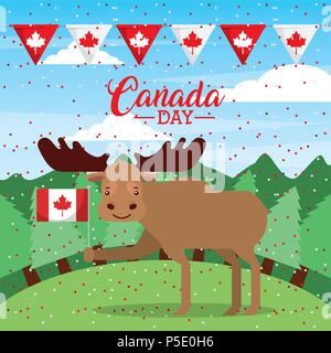 canada day cute moose holding flag leave maple pennants dotted background vector illustration Stock Vector