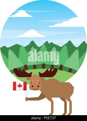 moose holding canadian flag in forest vector illustration Stock Vector