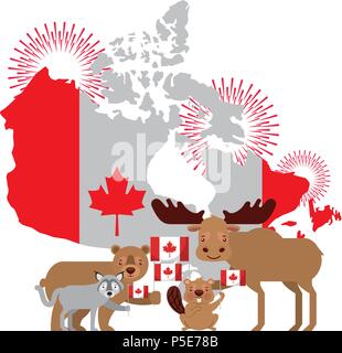 canada day celebration map animals and flag national vector illustration Stock Vector