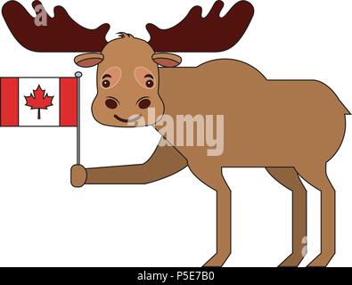 cute moose holding canadian flag vector illustration Stock Vector
