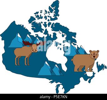 canadian map with wolf bear moose and beaver wildlife vector illustration Stock Vector