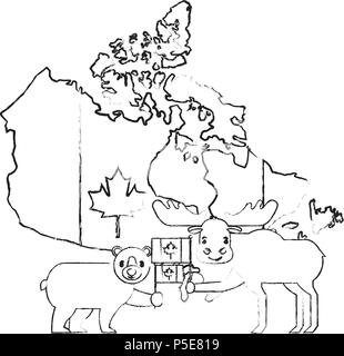 canada day celebration map animals and flag national vector illustration sketch Stock Vector