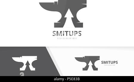 Vector smith and arrow up logo combination. Blacksmith and growth symbol or icon. Unique metal and upload logotype design template. Stock Vector