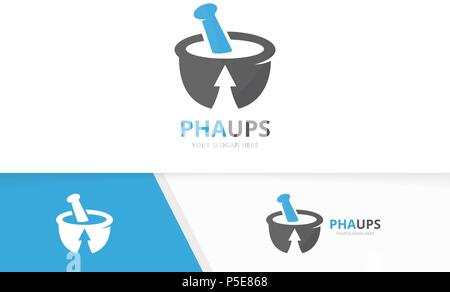 Vector pharmacy and arrow up logo combination. Pounder and growth symbol or icon. Unique mortar and pestle logotype design template. Stock Vector