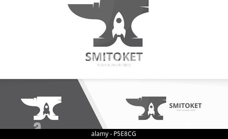 Vector smith and rocket logo combination. Blacksmith and start up symbol or icon. Unique metal and spaceship logotype design template. Stock Vector