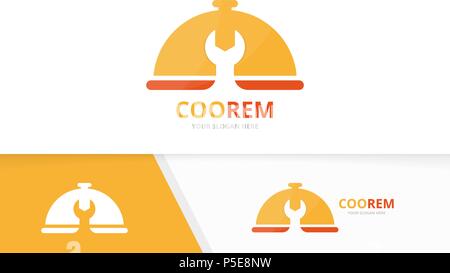Vector dish and repair logo combination. Plate and fix symbol or icon. Unique kitchen and service logotype design template. Stock Vector