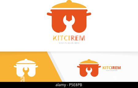 Vector pot and repair logo combination. Kitchen and fix symbol or icon. Unique pan and service logotype design template. Stock Vector
