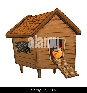 cartoon chicken coop and hen isolated on white background Stock Vector