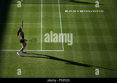 Great Britain's Johanna Konta in action in her doubles match during day three of the Nature Valley International at Devonshire Park, Eastbourne. Stock Photo