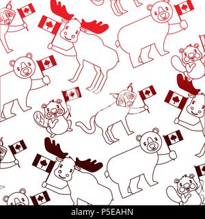 canadian animals with flag celebration pattern Stock Vector