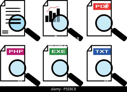 Icon set - Magnifier on documents 01 Stock Vector