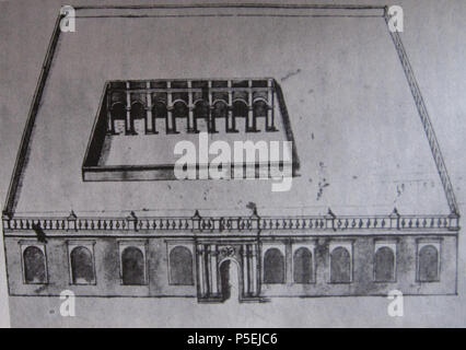 N/A. English: Palace of the governor of Banquibazar, the Ostend Company's factory in Bengal in the 1720s. When the Ostend Company was suspended in 1731, Banquibazar passed under the direct authority of Emperor Charles VI, ruler of the Austrian Netherlands. The double-headed imperial eagle, which topped the coat of arms of the Ostend Company, can be seen over the arched doorway. Anonymous contemporary drawing. Français : Palais du gouverneur à Banquibazar, la loge que possédait la compagnie d'Ostende au Bengale. Lorsque la compagnie d'Ostende fut dissoute en 1731, la loge passa sous l'autorité  Stock Photo