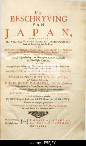 N/A. English: From Dutch translation of Engelbert Kaempfer: The History of Japan (1727) . 1729.   Engelbert Kaempfer  (1651–1716)       Alternative names Kaempf.  Description German physician, botanist and japanologist  Date of birth/death 16 September 1651 2 November 1716  Location of birth/death Lemgo Lieme  Authority control  : Q58042 VIAF: 41858358 ISNI: 0000 0001 1025 5072 LCCN: n84078543 Botanist: Kaempf. Open Library: OL236318A WorldCat 195 Beschrijving van Japan - titelpagina Stock Photo