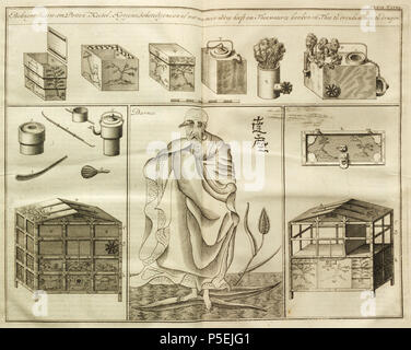 N/A. English: From Dutch translation of Engelbert Kaempfer: The History of Japan (1727). Illustration of tea boxes, cups and kettle. 1727.   Engelbert Kaempfer  (1651–1716)       Alternative names Kaempf.  Description German physician, botanist and japanologist  Date of birth/death 16 September 1651 2 November 1716  Location of birth/death Lemgo Lieme  Authority control  : Q58042 VIAF: 41858358 ISNI: 0000 0001 1025 5072 LCCN: n84078543 Botanist: Kaempf. Open Library: OL236318A WorldCat 195 Beschrijving van Japan - thee (cropped) Stock Photo