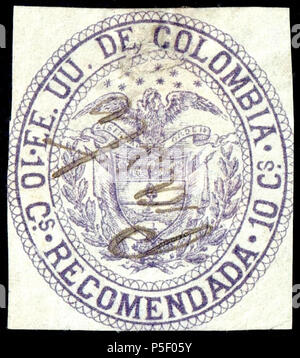 N/A. English: Colombia E.U. 1881 registration stamp, 10c violet, used by manuscript cancel 'Pasto'. Stamps has been repaired at top under '..DE COL..' Catalogue: Sc. F7, Mi. 70 Paper: Toned wove unwtmk Perforation: imperforated Printing: Lithography Printer: Ayala Medrano Printing Ltd, Bogota . 1881. Colombian government 367 Colombia 1881 ScF7 used Pasto Stock Photo