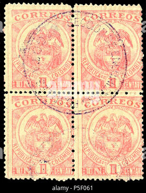 N/A. English: Colombia 1899 1c, red on yellow, used block of four. Postmark of Bogotá. Catalogue: Sc. 162 . 1899. Colombian government 367 Colombia 1899 Sc162 B4 Stock Photo